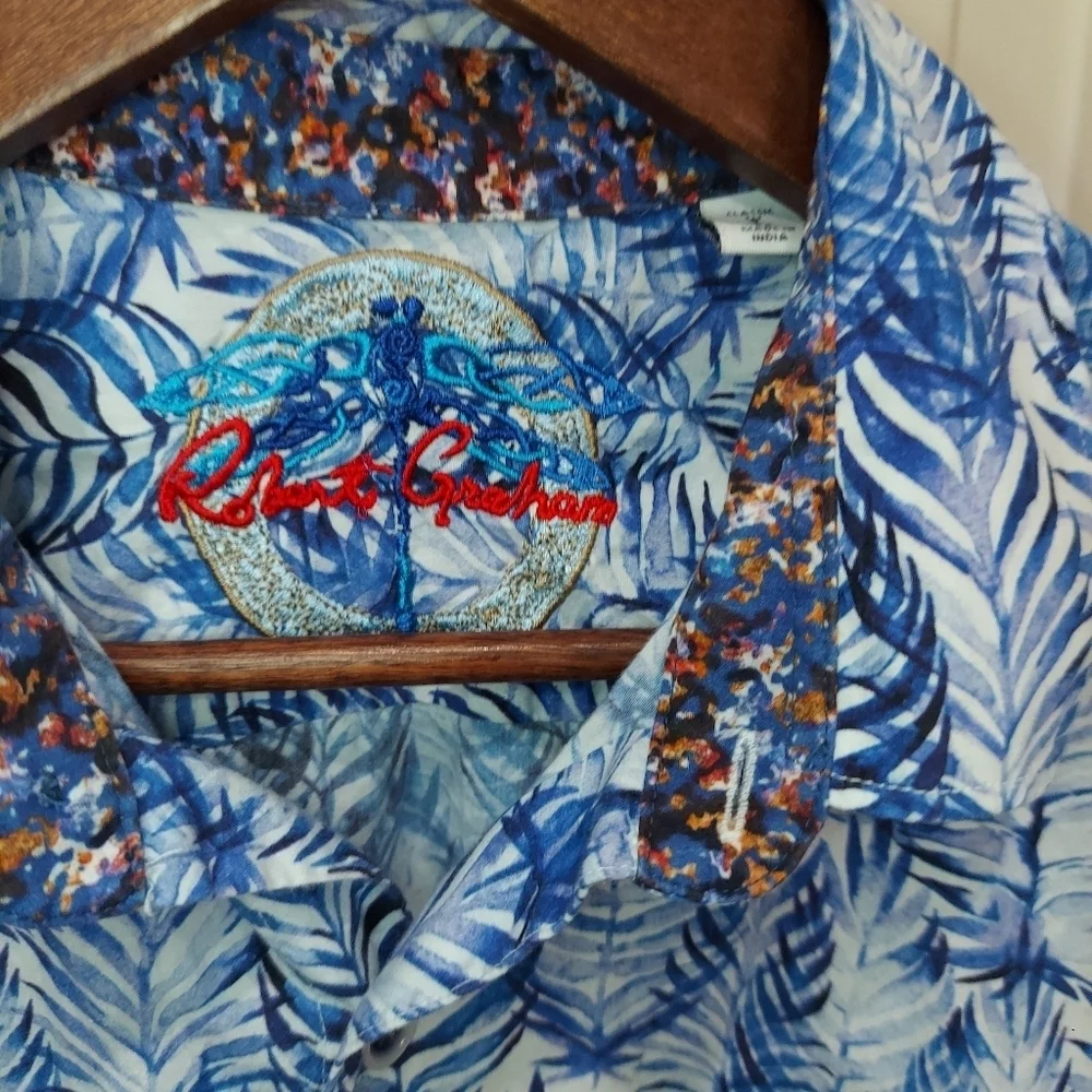 Robert Graham Palm Leaf Print Short Sleeve Button Down Cotton Shirt